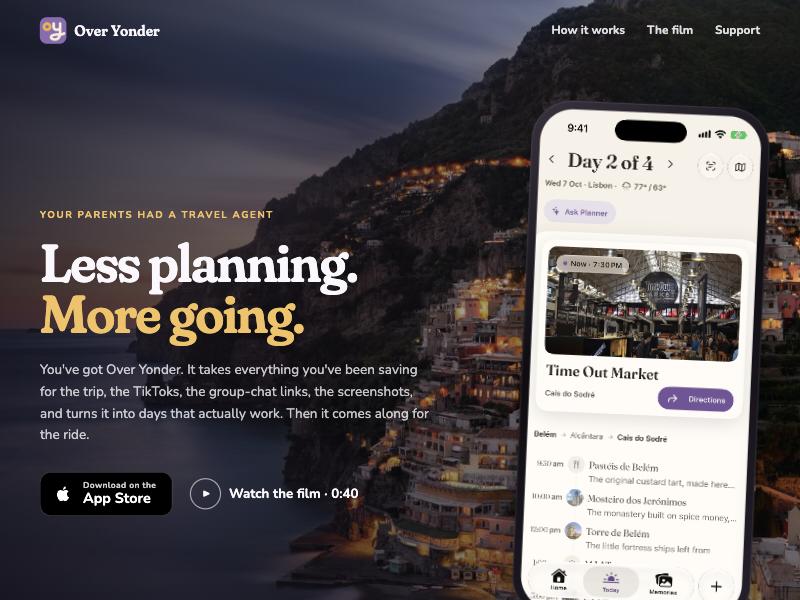 Over Yonder website showing the app's day planner