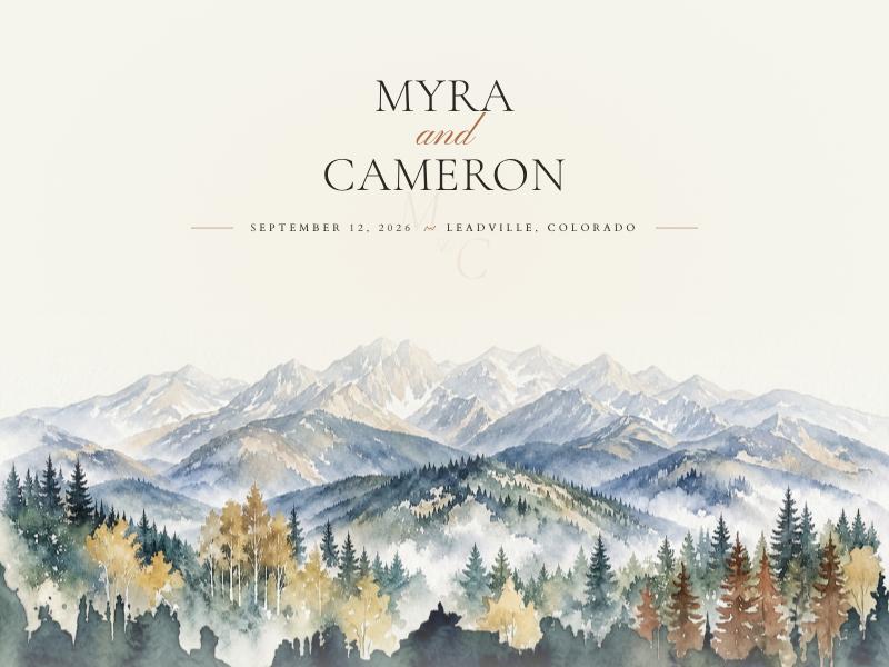 Myra and Cameron wedding website with watercolour mountains